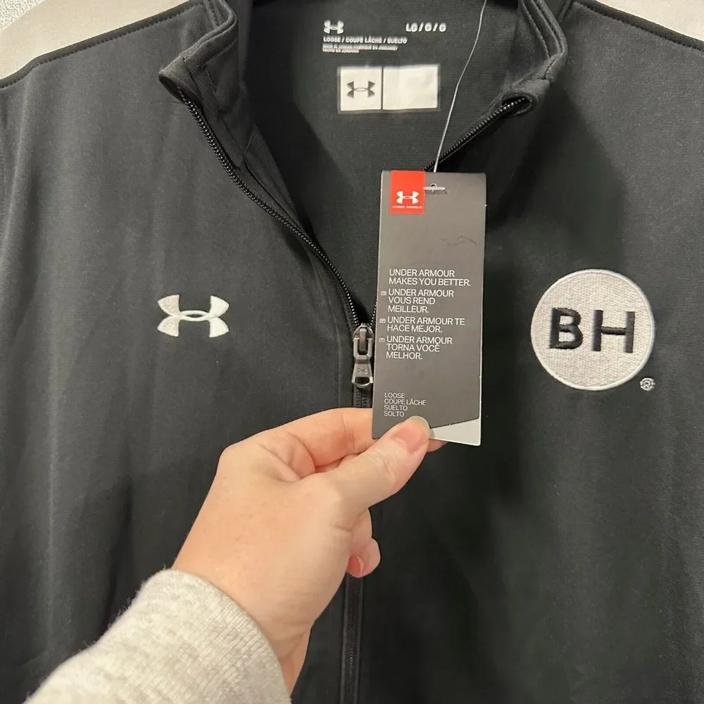 Under Armour Rival Jacket Womens L‎ Zip Front Black White BH Logo Pockets NEW
